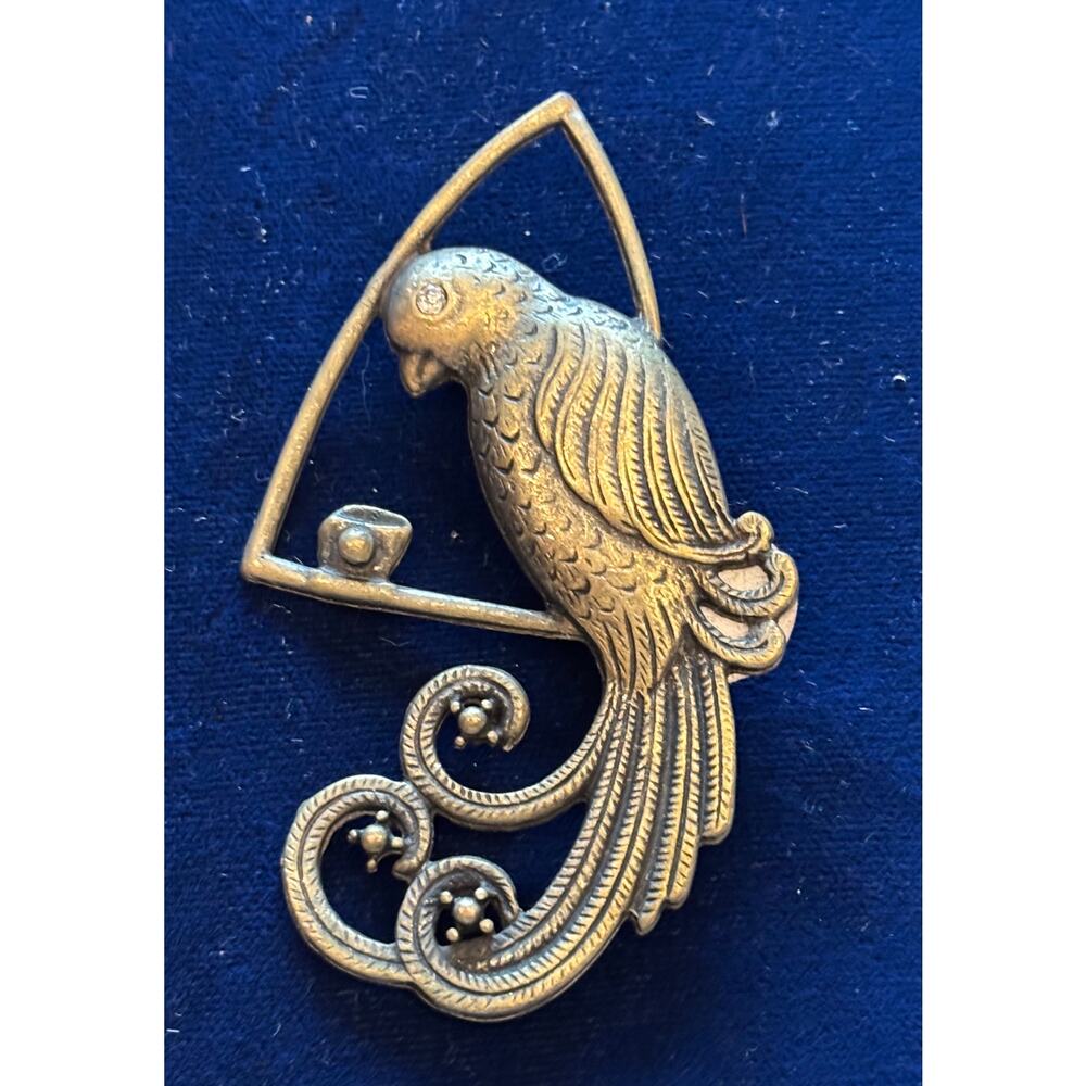 Vintage Parrot Bird Pin Engraved Etched 20g Brooch Brass Rhinestone 1.5" x 3"